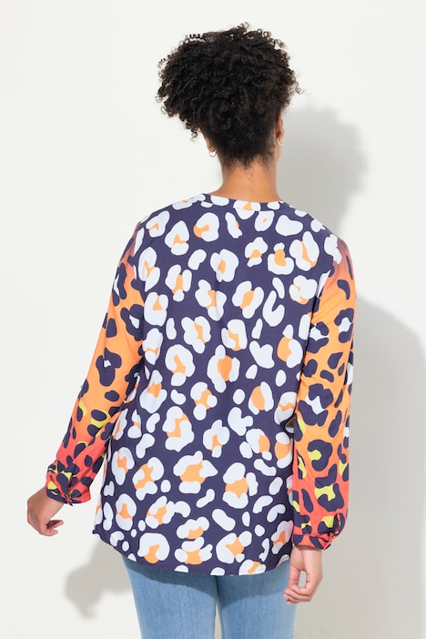 Bluse, Leo-Mustermix, Tunika-Ausschnitt, Langarm