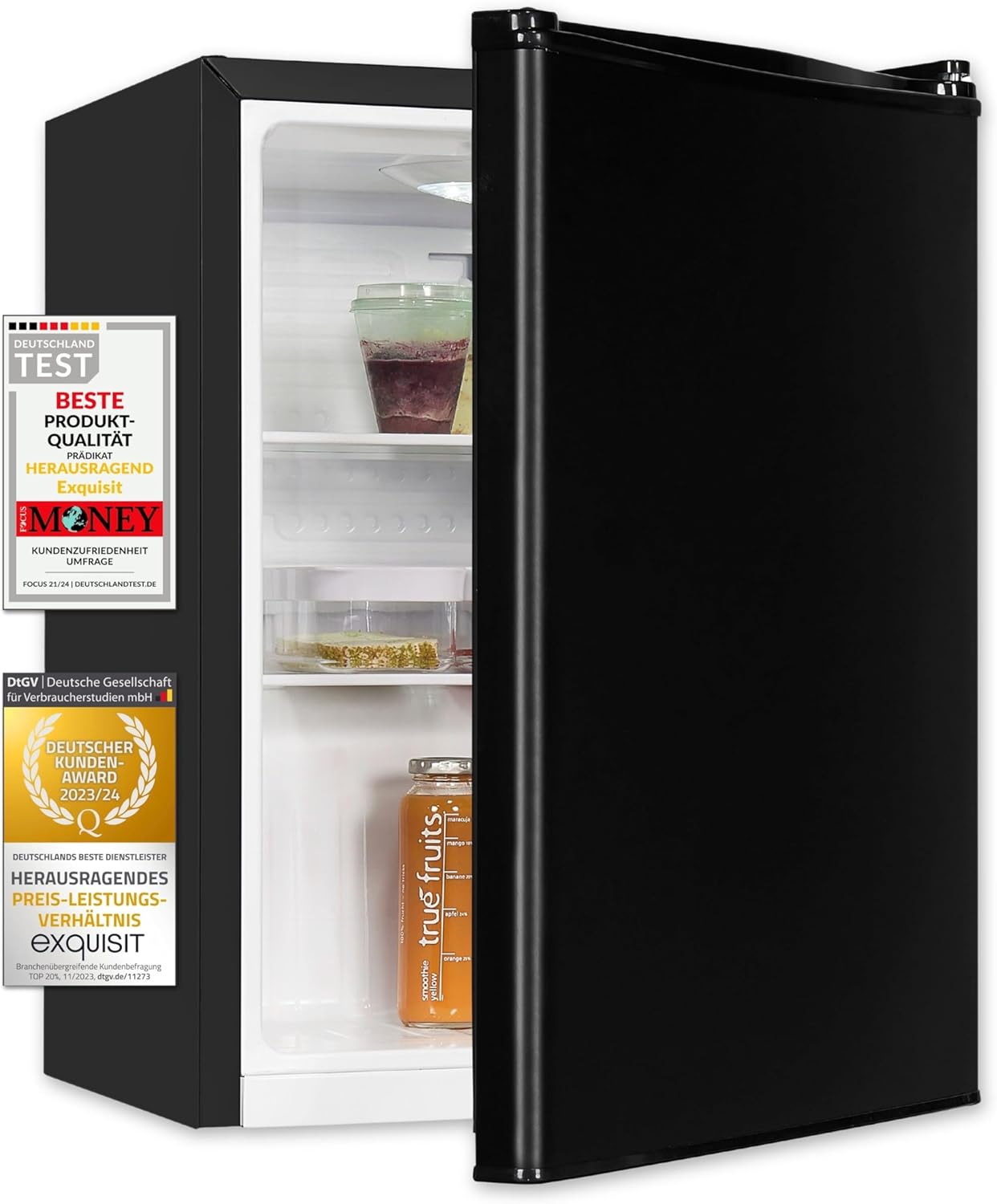 Exquisit Mini Kühlschrank KB60-V-090E schwarz | 52 l Nutzinhalt | LED-Innenbeleuchtung | Glasablagen | 45cm Breite