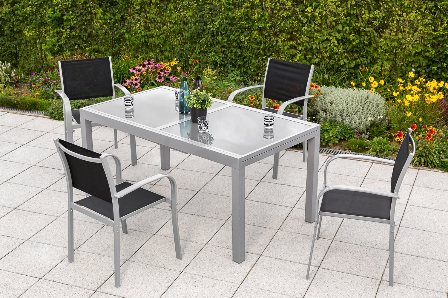 Ostia 5-delige tuinmeubelset, stapelstoelen, uitschuifbare tafel 160 (220) x 90 cm, zwart