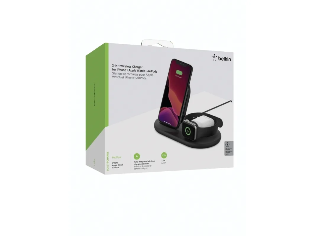 Belkin BoostCharge - Trådløs opladningsstander - 7.5 Watt - sort - for Apple AirPods; AirPods Pro; iPhone 11, 12, 7, 8, SE, X, XR, XS, XS Max; Watch