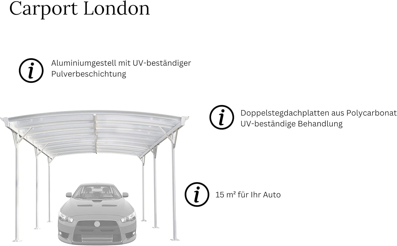 Design Carport London Aluminium Doppelstegplatten Beschichtung gegen UV-Strahlung, Farbe wählen:Weiß