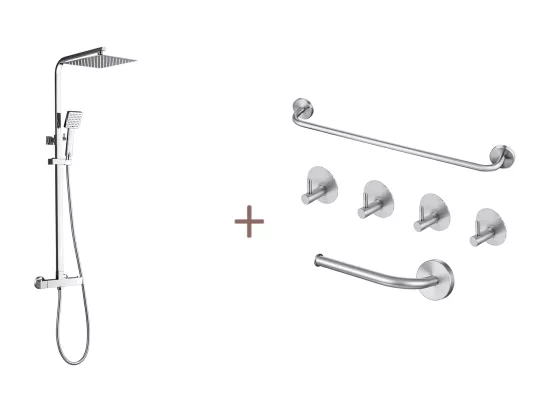 Auralum max Colonne Douche Thermostatique Chromé,Système Douche Corps Laiton Hauteur Réglable+Ensemble Salle Bain Accessoire 6 Pièces,Inox,Brossé