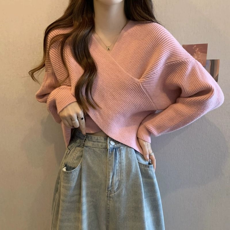 Sisyphi - V-hals effen geribbelde cropped trui