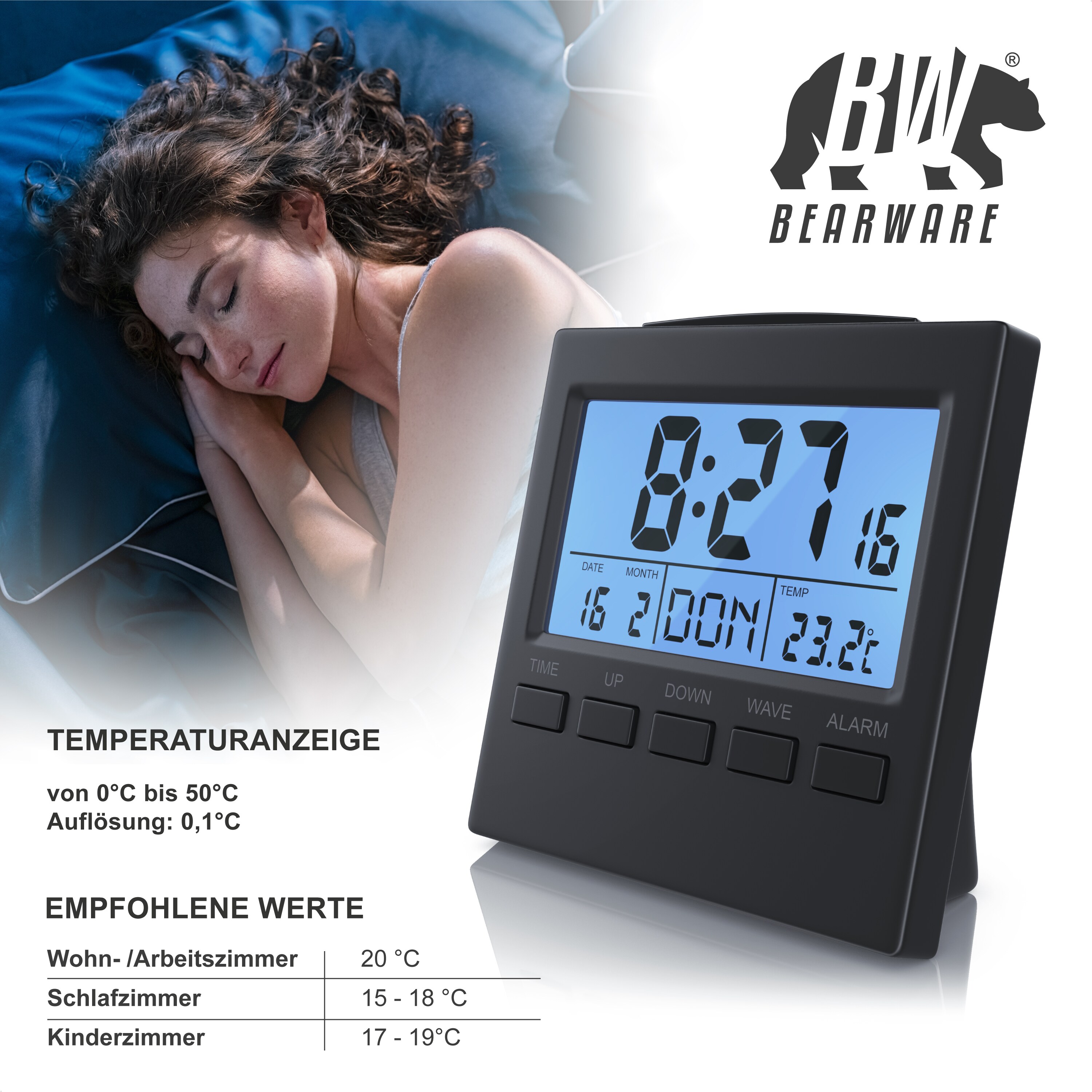 BEARWARE Digital-Funkwecker mit Innen-Temperaturanzeige DCF-Funkuhr / Datums & Wochentagsanzeige