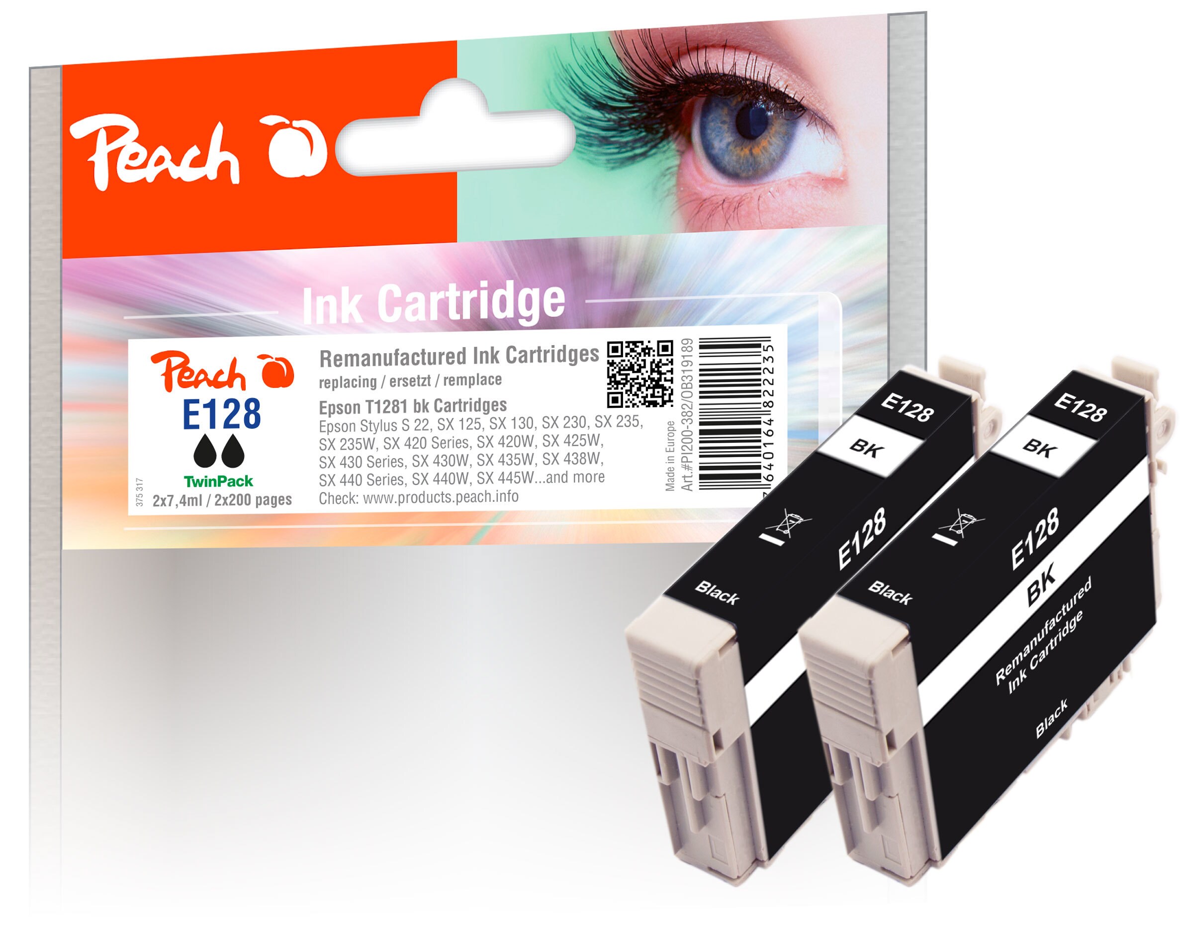 Peach E1282 Druckerpatronen 2*bk ersetzt Epson T1281 bk*2, C13T12814011 für z.B. Epson Stylus SX 425 W, Epson Stylus SX 435 W, Epson Stylus S 22 (wiederaufbereitet)