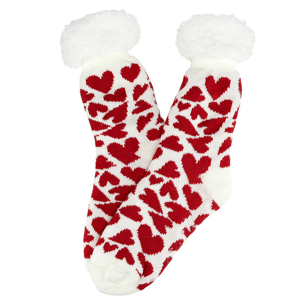 Chaussettes femme fourrées motifs coeurs rouges et blanches 1 paire 36/40