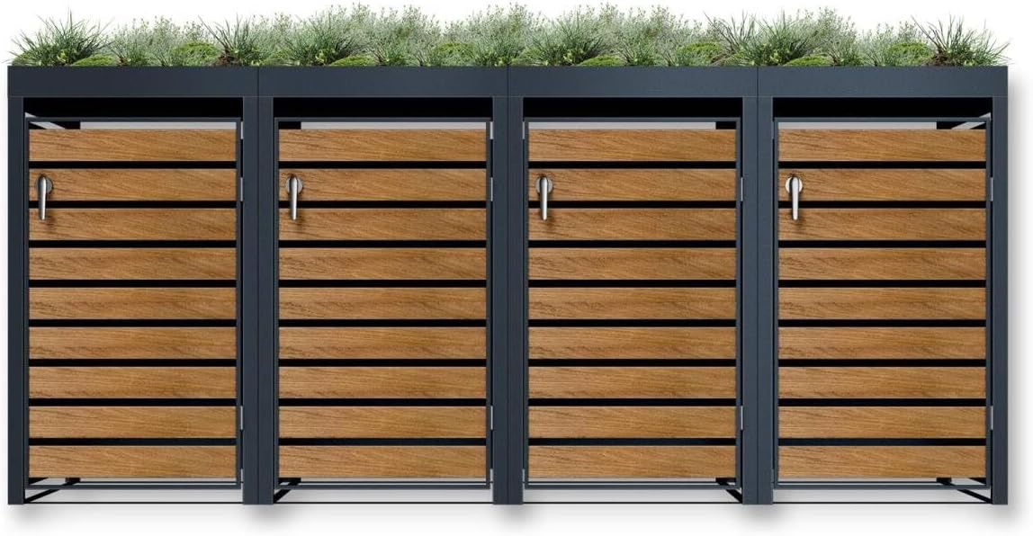 Metzler Mülltonnenbox 4er 240L in Anthrazit & Holzoptik mit Pflanzdach & Sichtstreifen, Mülltonnenverkleidung 4 Tonnen mit Automatikdeckel, Müllbox mit pulverbeschichtetem Stahl rostfrei, abschließbar