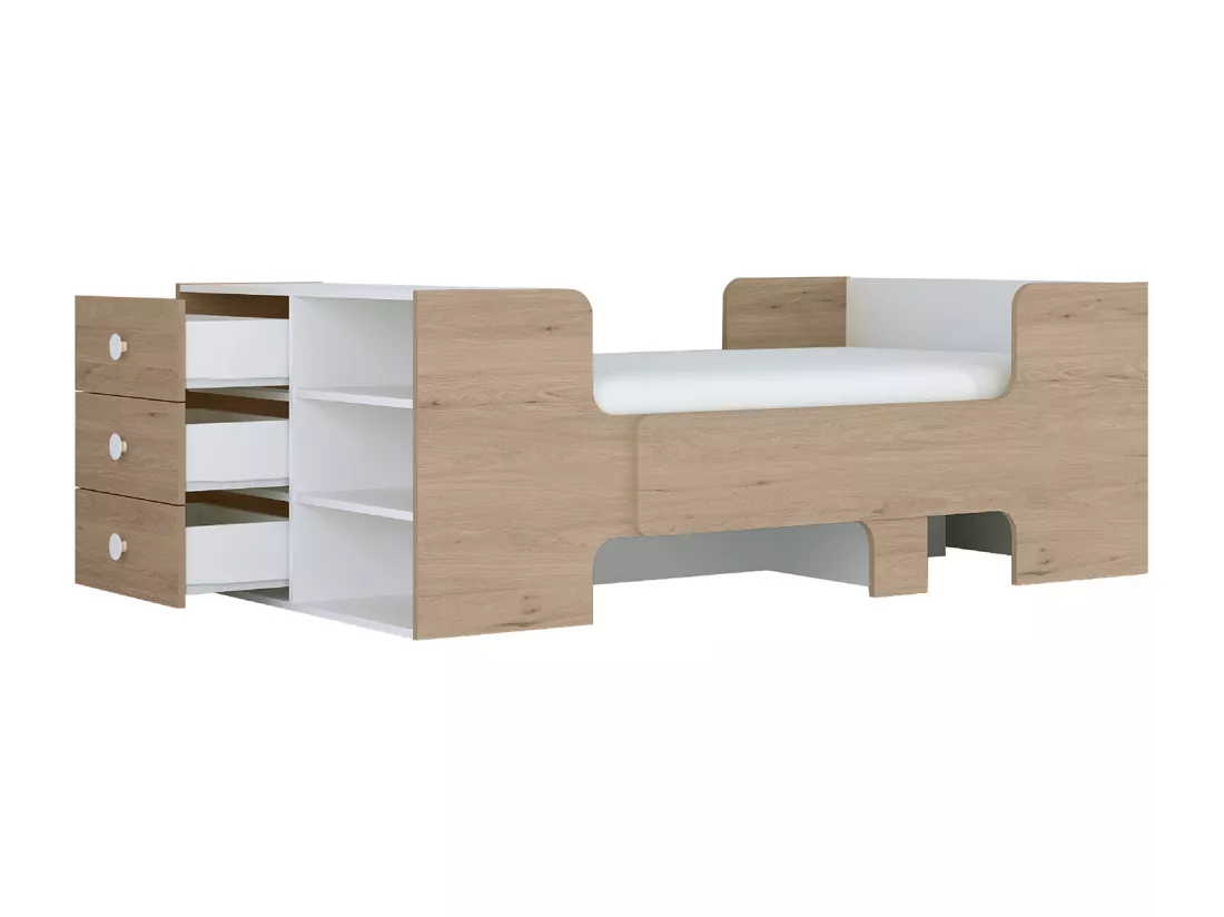 Lit évolutif 90 x 140/170/200 cm avec rangements - Coloris : Naturel et blanc - GAROLIO