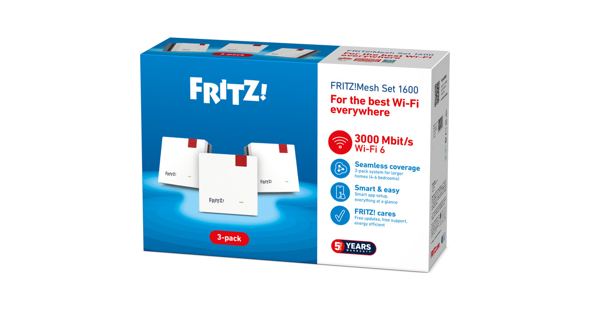 FRITZ!Mesh Set 1600 3-pack Edition International repeater  (Wit/rood, 3 stuks, Mesh Wi-Fi)