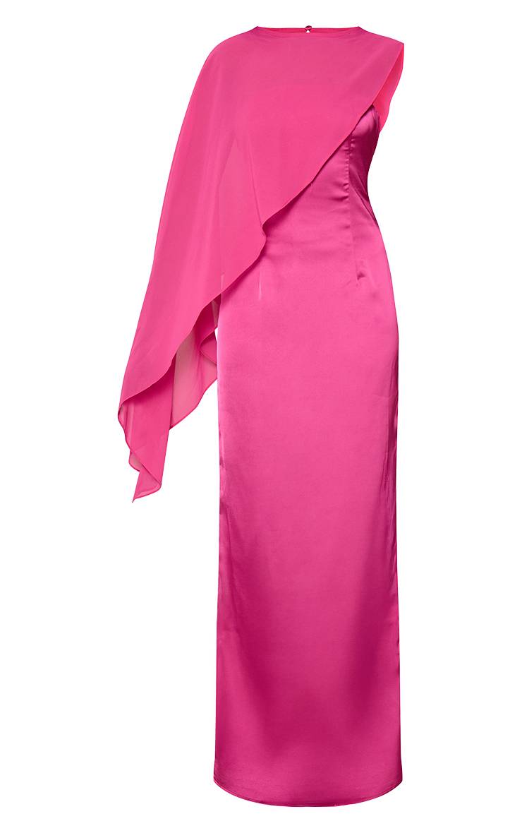 Rose Fuchsia Robe Longue En Satin Avec Cape Superposée En Mousseline