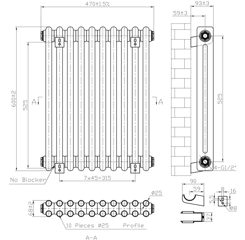Eastbrook Imperia 2 koloms radiator 45x60cm 639W zwart mat