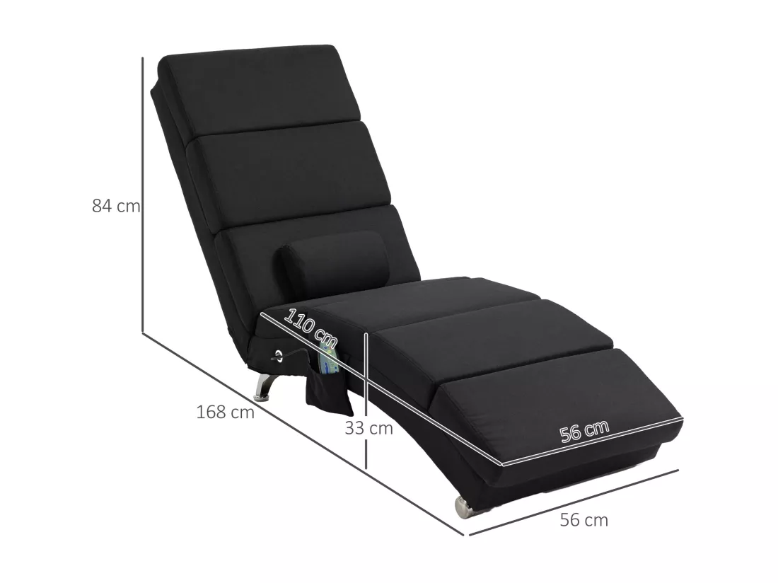 Fauteuil relax massant chauffant design contemporain - chaise longue d'intérieur - piètement métal chromé tissu noir