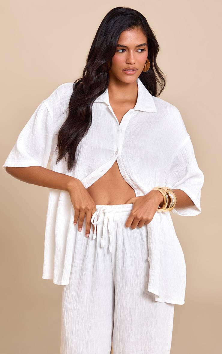 Blanc Chemise Oversize À Manches Courtes En Tissu Texturé Tissé