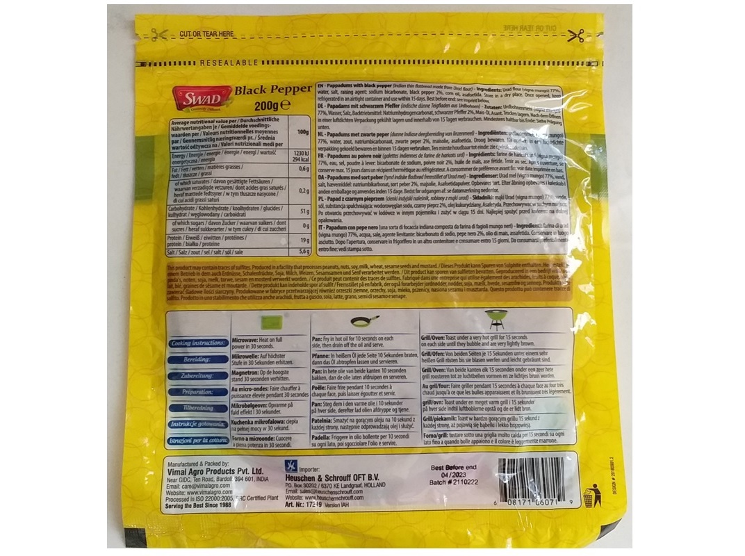 PAPPADUM SWAD DE PIMENTA PRETA 200G