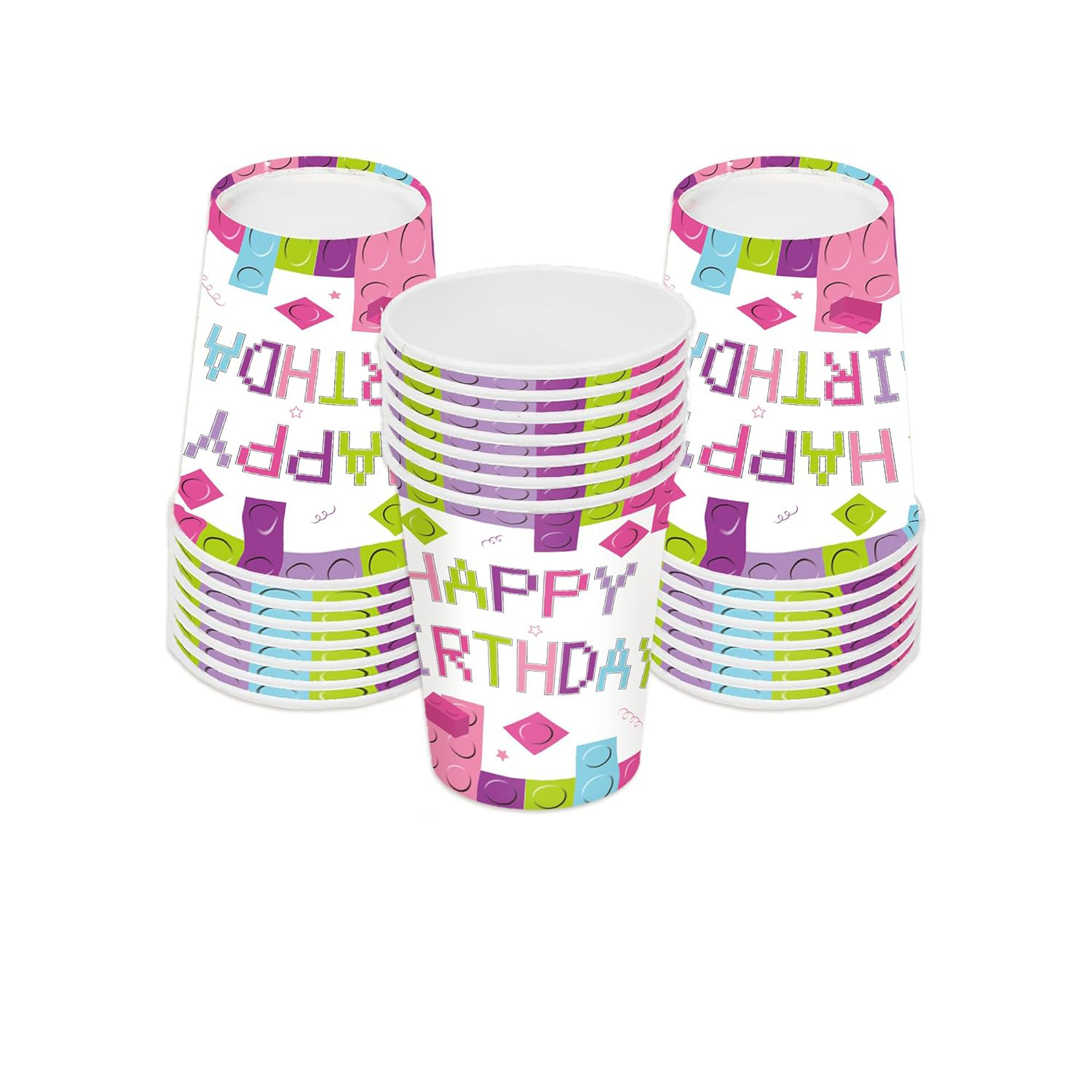 (112-tlg. Set) Happy Birthday Einweg Geschirr Kinder Geburtstags Party Tisch Deko inkl. Teller / Servietten / Papp Becher / Besteck - Bausteine / Pink
