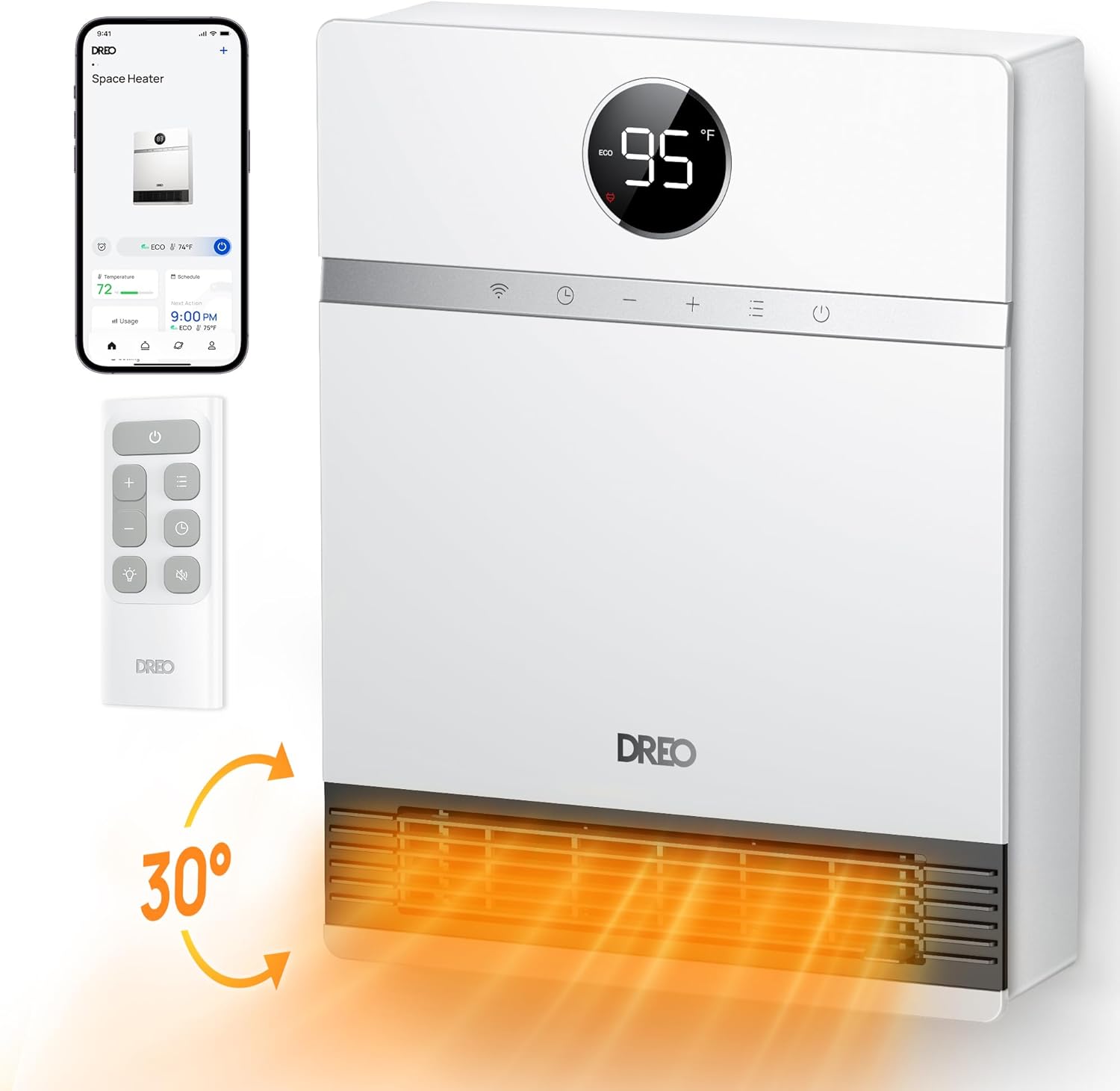 Dreo Chauffage mural intelligent - Fougère de sortie à 30° - 1500 W - Thermostat réglable - Télécommande - Minuterie - Chauffage Easy-Mount pour une utilisation en intérieur - Fonctionne avec Alexa