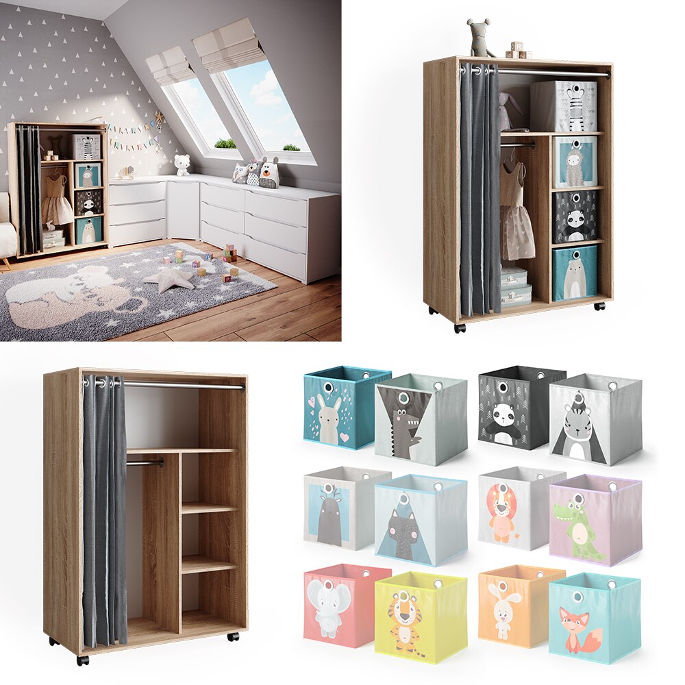 Vicco mobiler Kinderkleiderschrank Dielenschrank Garderobe Doros Sonoma modern 100 x 147 cm Faltboxen offen rollbar