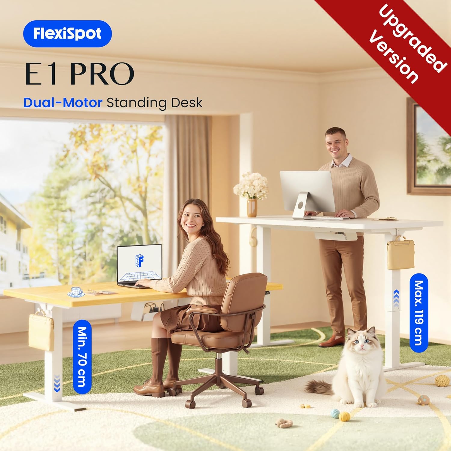 FlexiSpot Höhenverstellbarer Schreibtisch mit 2 Motoren & 25MM einteiliger Tischplatte,ergonomischer Bürotisch - 160 x 80 cm Ahorn, weißes Gestell