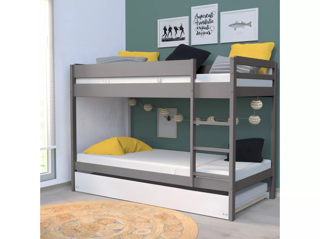 Lit superposé Wally 90x190 + 2 sommiers + 1 lit tiroir/blanc-gris