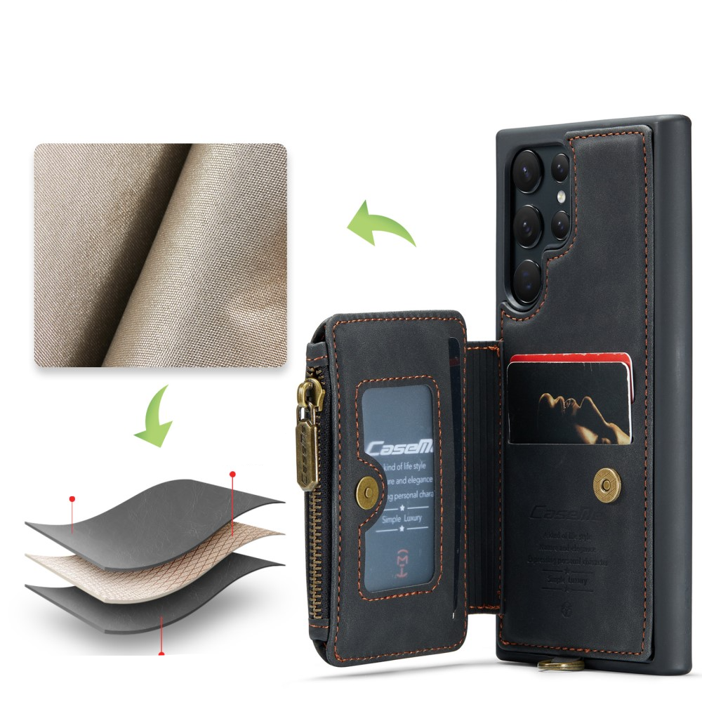 Samsung Galaxy S23 Ultra 5G Leder Schutzhülle mit Münzbeutel   3 Kartenfächern - Schwarz