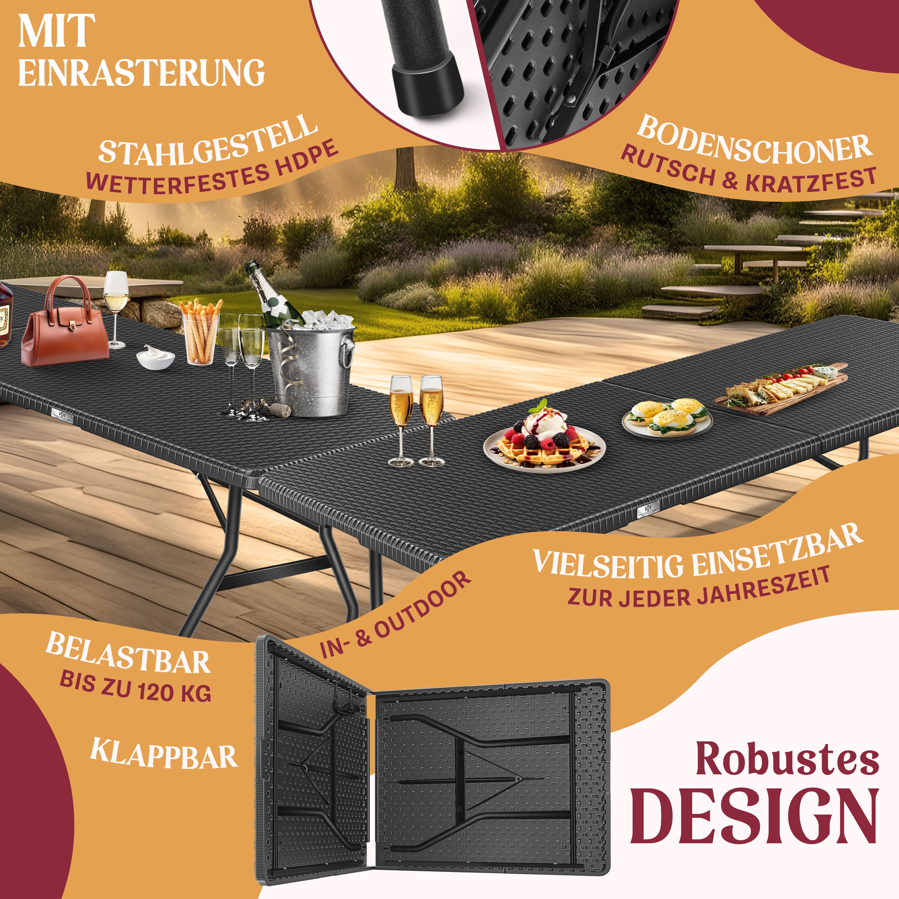 KESSER® Buffettisch Tisch klappbar Kunststoff 180x75 cm Rattan Optik Campingtisch Partytisch Klapptisch Gartentisch für Garten Terrasse und Balkon zusammenklappbar 6 Personen ink. Tragegriff