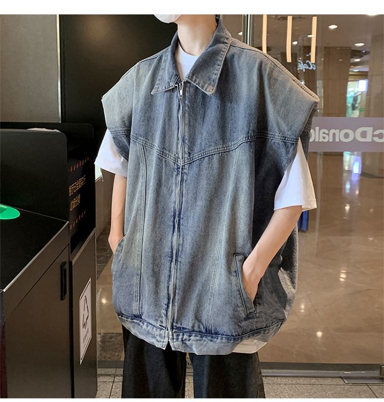Maxelane - Gewassen denim vest met kraag en rits