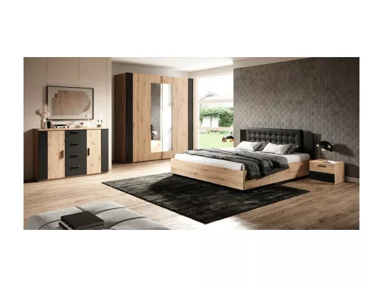 Lit adulte 160x200 coloris chêne clair et noir collection FOX - Sommier non inclus