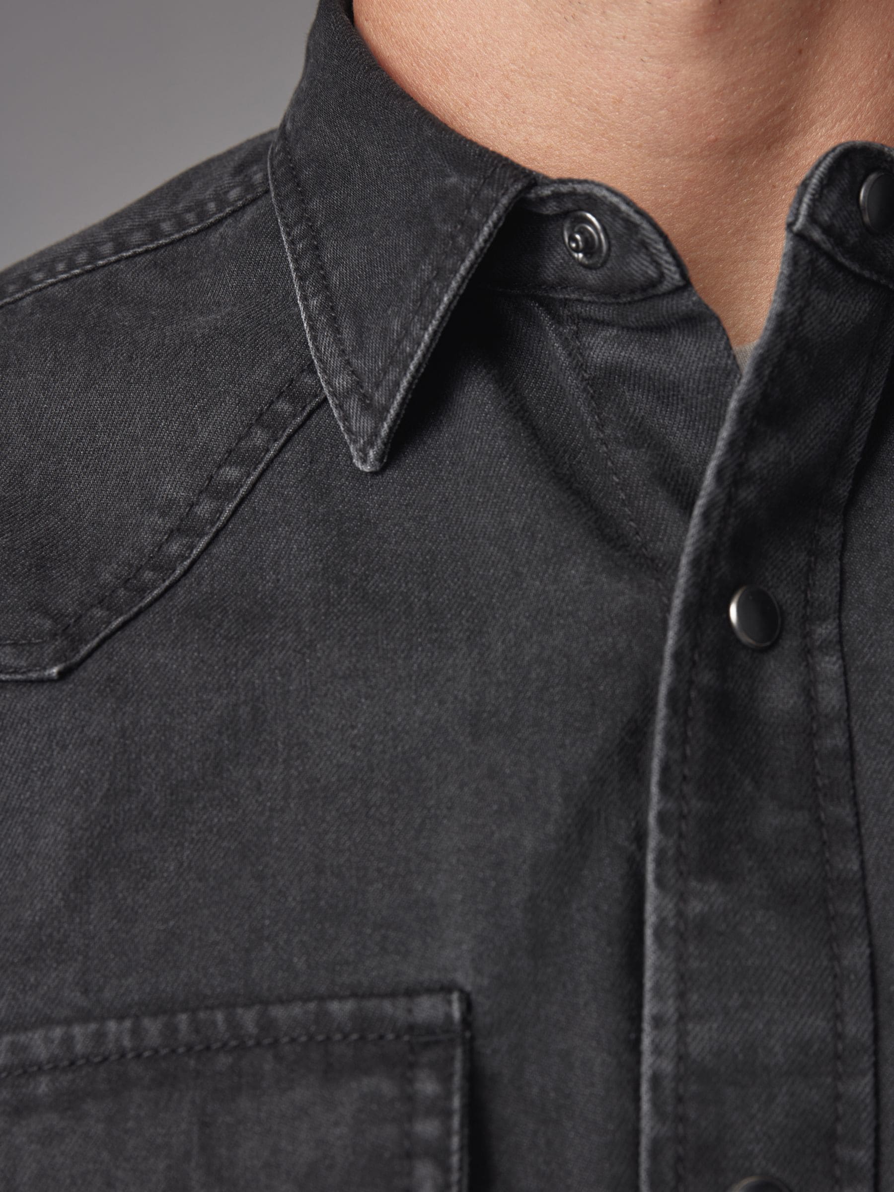 Zwart - Denim Western 100% Cotton Long Sleeve Shirt