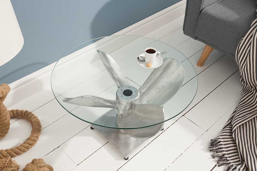 Maritimer Couchtisch OCEAN M 60cm silber antik rund Schiffsschraube Glasplatte