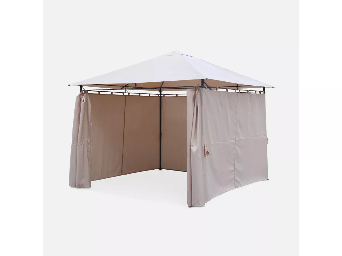 Tonnelle 3x3 m - Elusa - Toile beige - Pergola avec rideaux. tente de jardin. barnum. chapiteau. réception