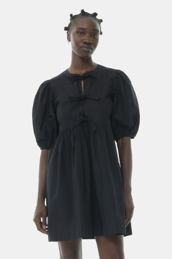 Ganni Cotton Poplin Tie String Mini Dress Black