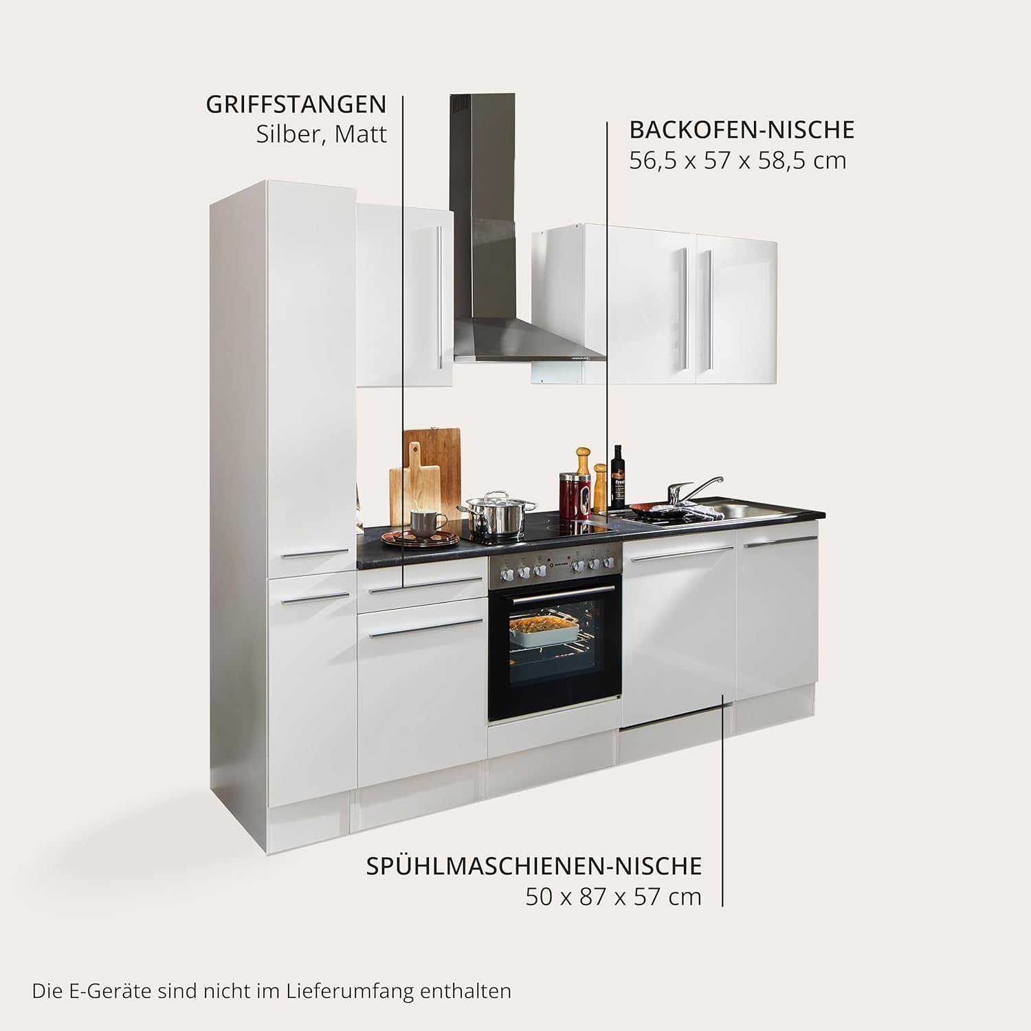 Jazz 8 Moderne Küchenzeile ohne Elektrogeräte in Weiß Hochglanz, Metallic Grau - Geräumige Einbauküche mit viel Stauraum - 250 x 211 x 60 cm (B/H/T)