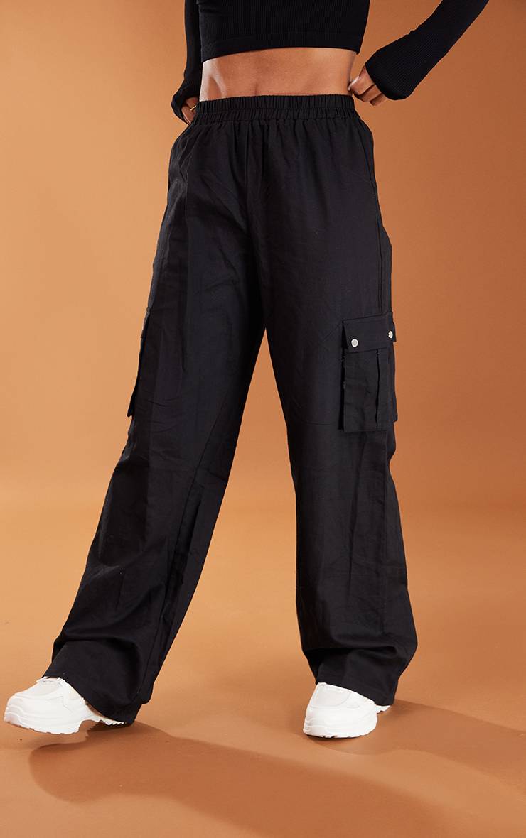 Noir Pantalon Cargo Taille Haute Coupe Large Kaki
