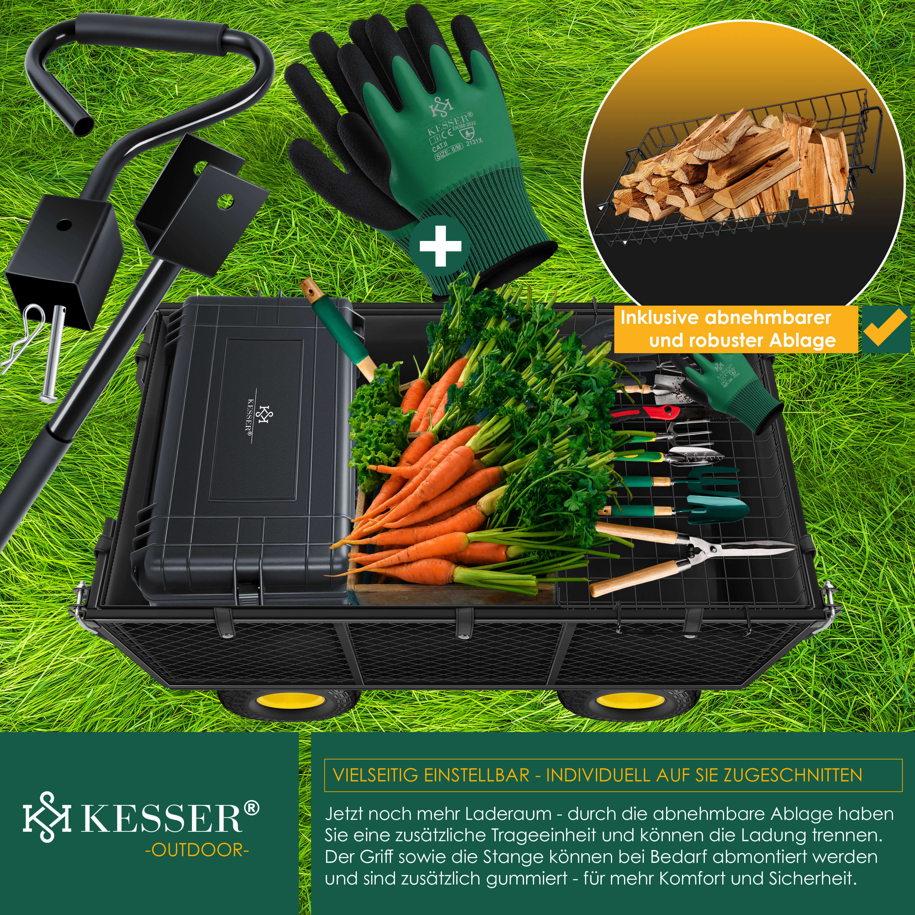 KESSER® Gartenwagen Bollerwagen Transportwagen 700kg belastbar Gartenkarre, inkl. herausnehmbare Plane, Luftreifen Gerätewagen Handwagen vielseitig einsetzbar inkl. Handschuhe + Ablage