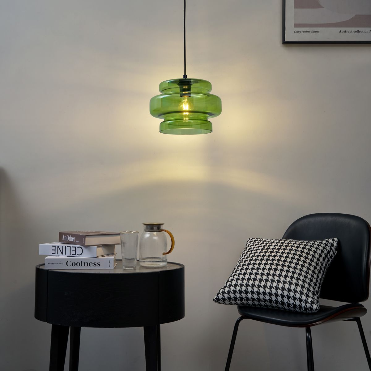 Retro hanglamp zwart met groen glas - Denise