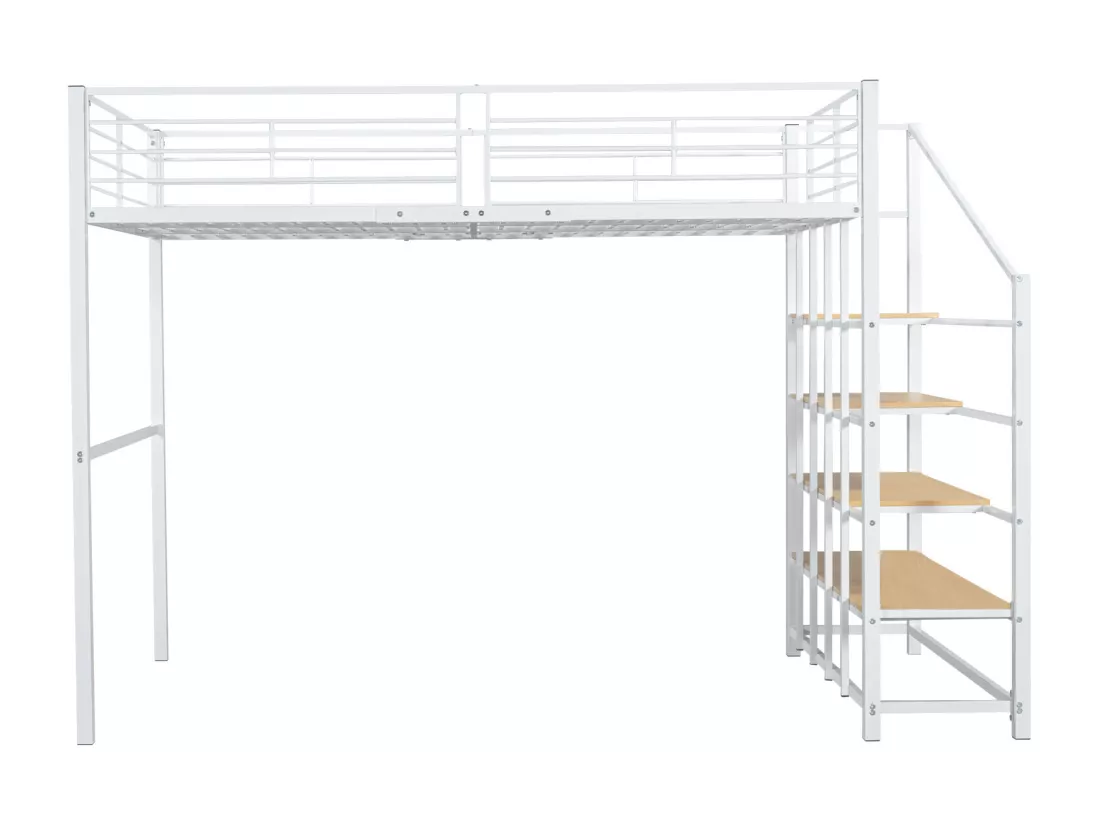 Lit mezzanine 140 x 200 cm avec grand escalier - Métal + Contreplaqué + MDF - Sommier à lattes - Blanc