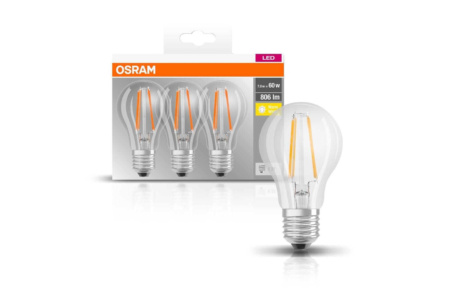 Lampe Base Filament 7W, E27 Warmweiss, 3er BoxFilamentleuchtmittel