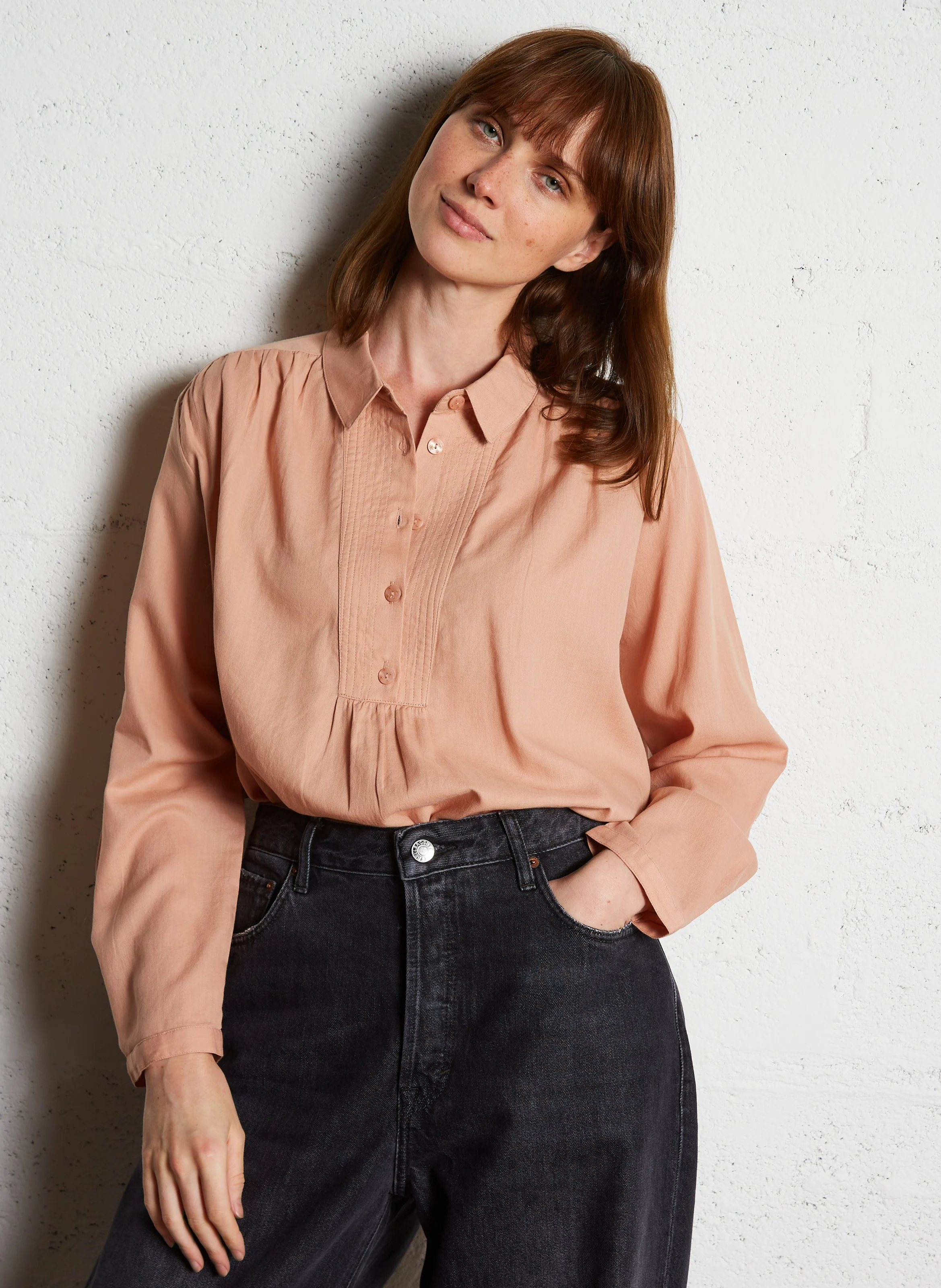 RUDEON - Blouse col chemise en coton| Rose