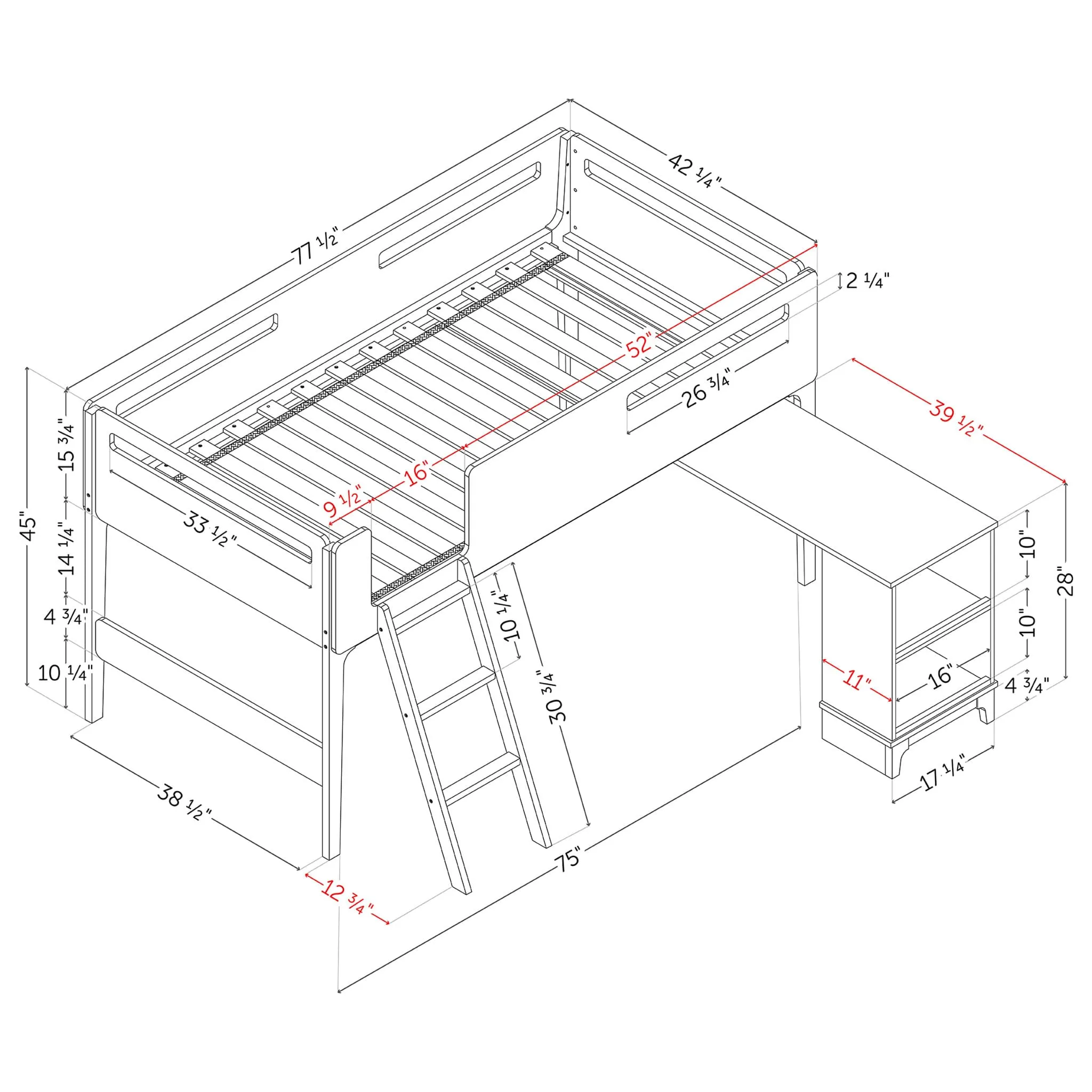 South Shore Lit Simple Mezzanine avec bureau - Bebble Blanc et Naturel