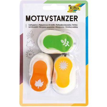 Folia Motivstanzer, Motivlocher, 3er Set, Sonne, Ahornblatt und Farn, Farbe sortiert