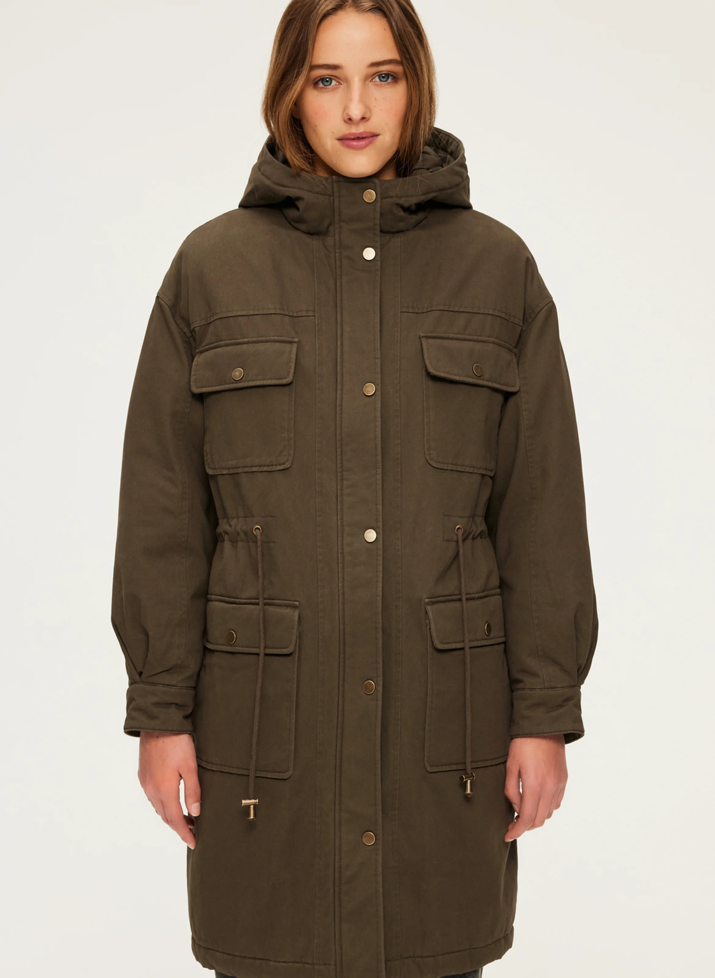 LISE - Parka droite col montant en coton | Kaki