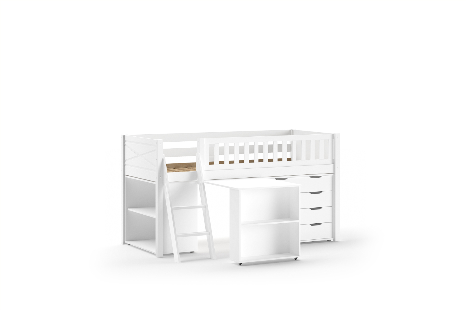 Spielbett SCOTT - weiß - Schreibtisch, Regal und Kommode - 90x200 cm