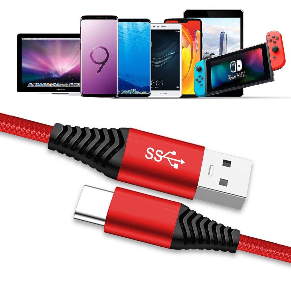 (1.2m / 3A) Robustes USB auf USB C Ladekabel Datenkabel Nylon - Rot