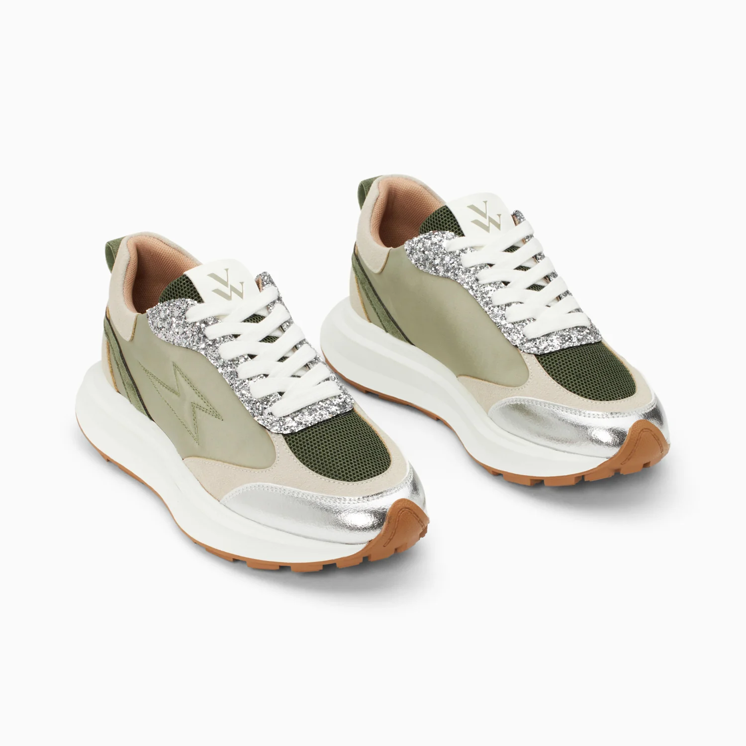 Sneakers-Baskets éclair Esther kaki et argent à semelle oversize