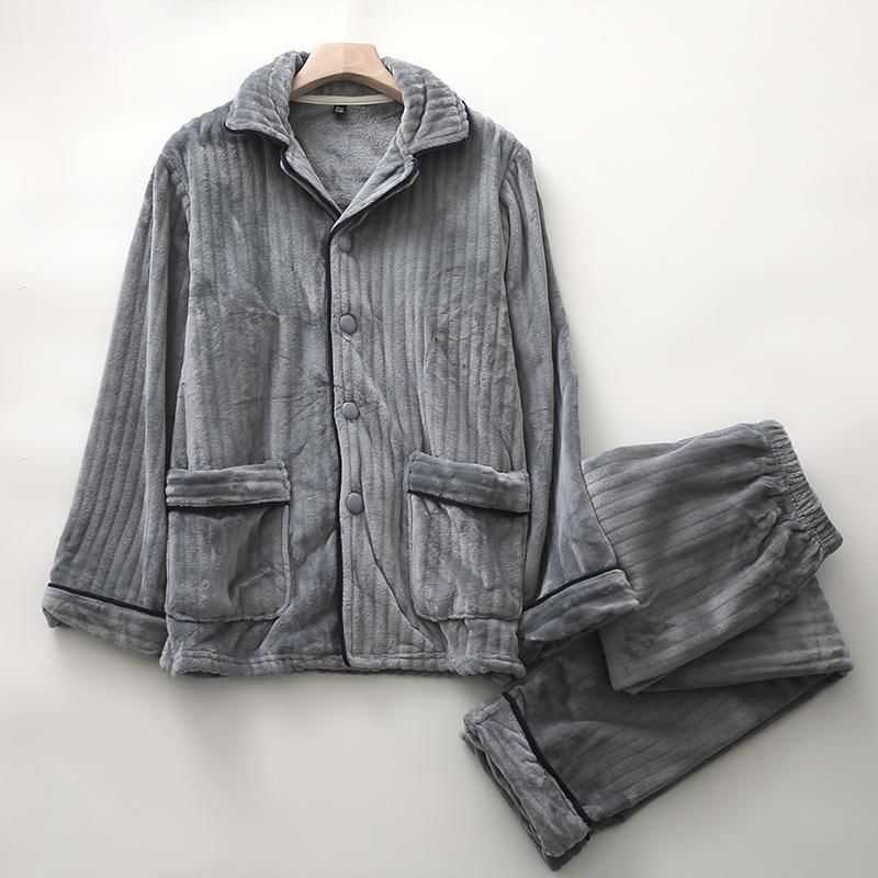 Finlies - Bijpassende pyjamaset voor koppels: lange mouwen, reverskraag, contrasterende rand, fleece top met knoopjes en broek (verschillende ontwerpen)