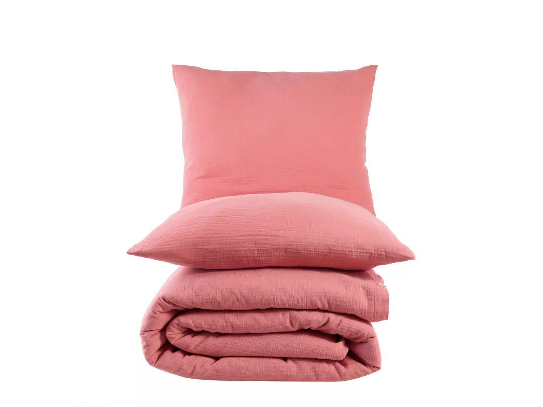 Parure housse de couette et taies d'oreiller gaze de coton pêche
