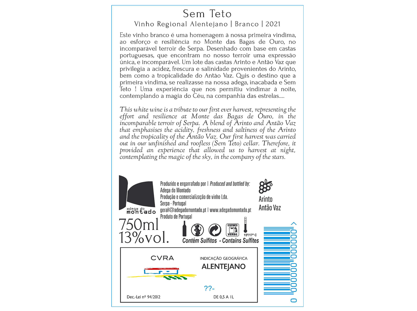 VINHO BRANCO SEM TETO ALENTEJO 0.75L