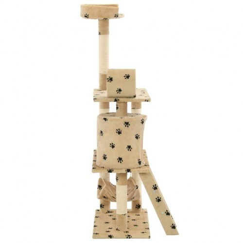 Arranhador bege para gatos com estampa de sisal e pegadas.