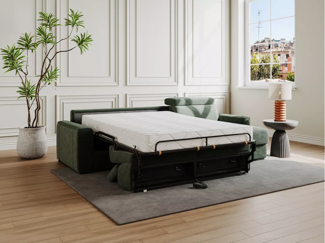 Canapé d'angle réversible convertible express en velours côtelé vert - Couchage 140 cm - Matelas 22 cm mémoire de forme - VIZIR