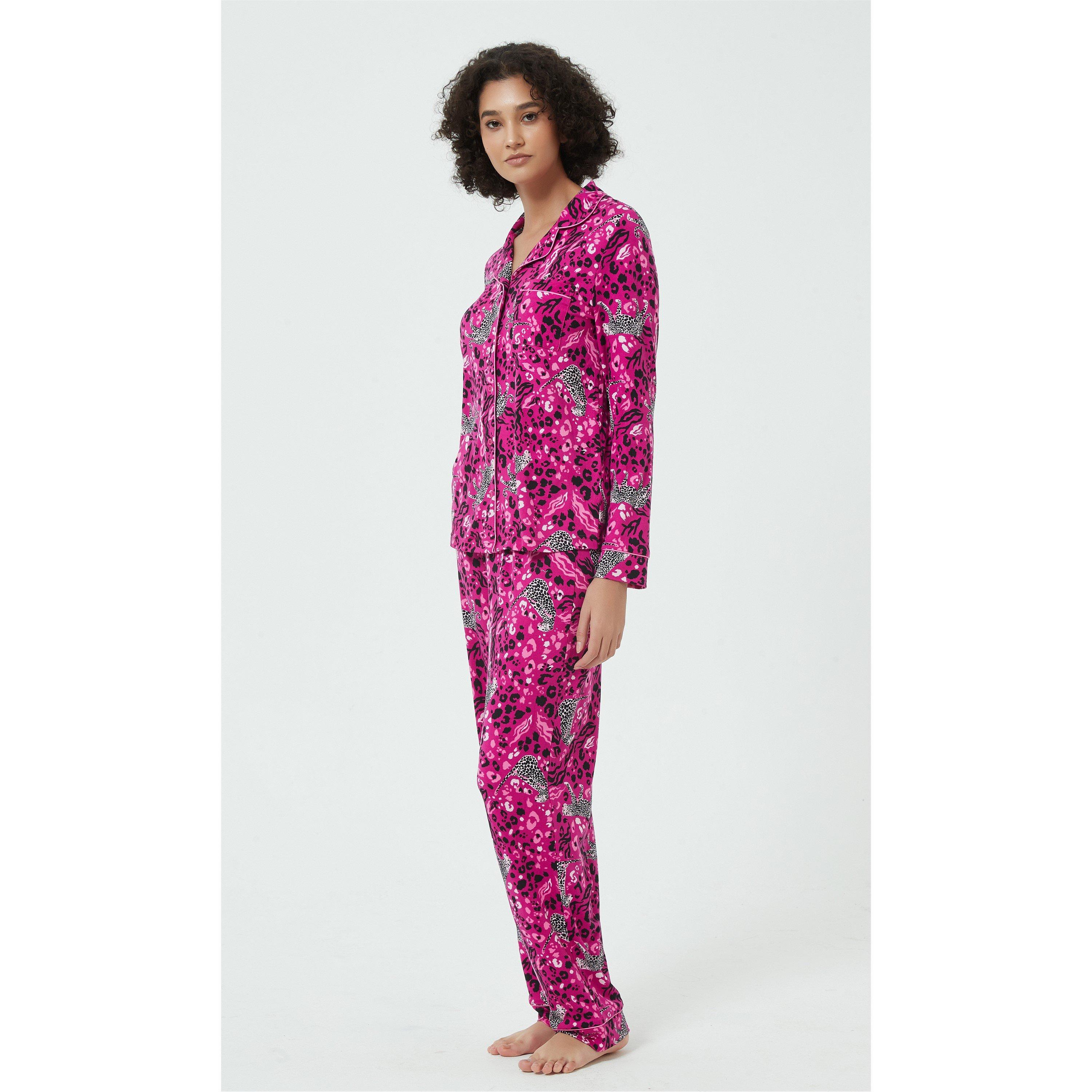 Linea Ladies Leopard Soft Touch Button Through Pyjama Set